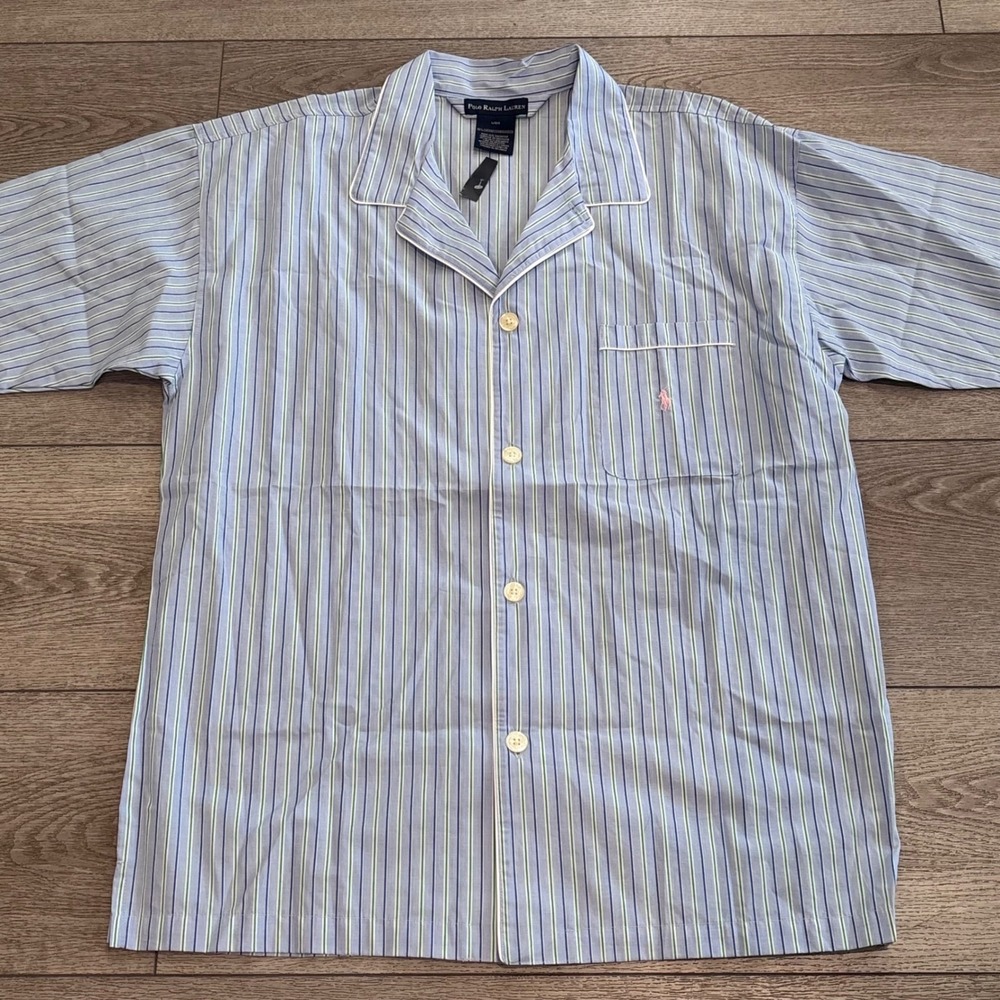 Polo Ralph Lauren Pajama Shirt Mens Large Blue Striped Cotton Sleep Top NWT